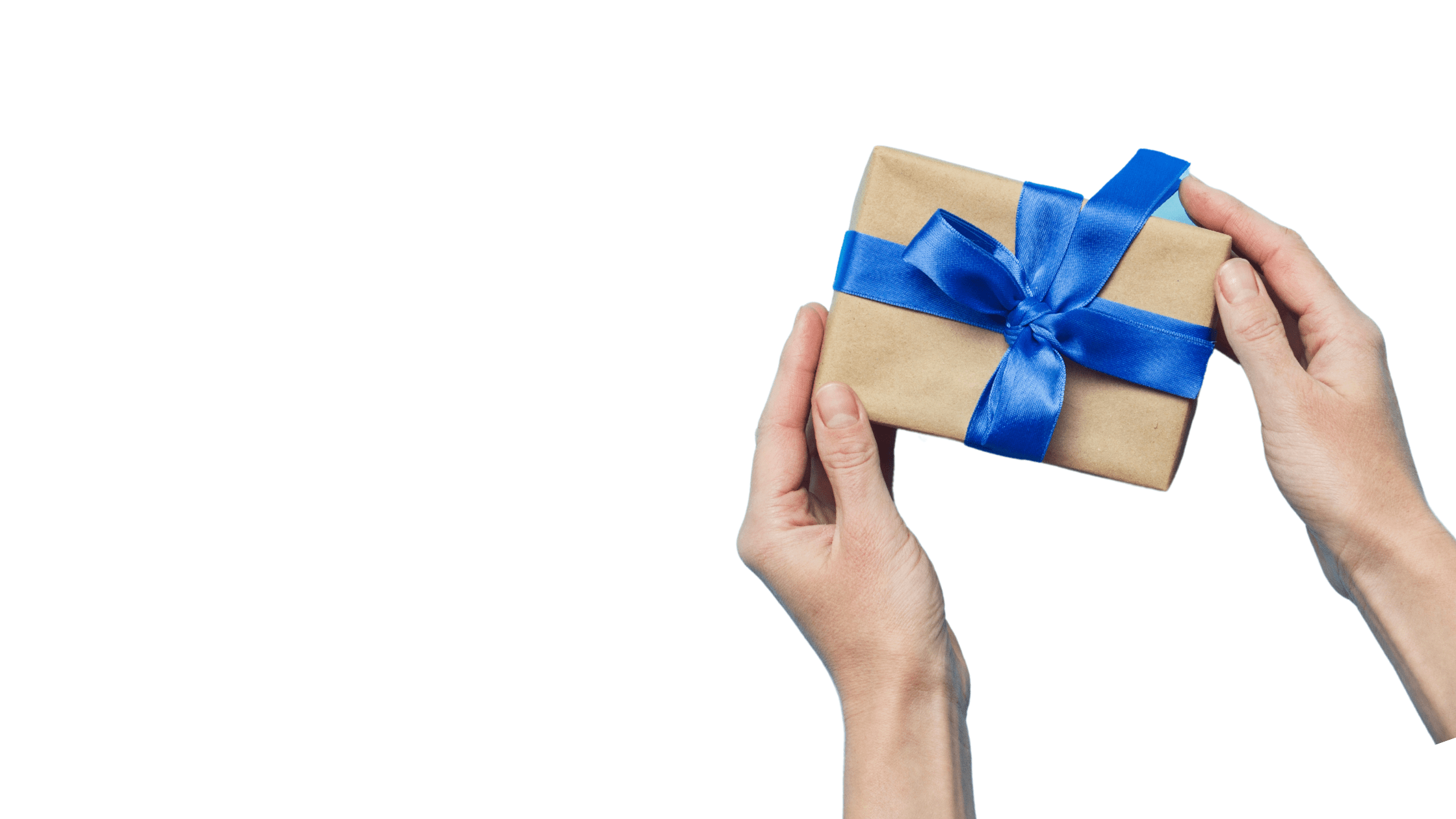 Hands holding a gift box with. a blue ribbon